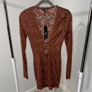 Fashion Nova Rust Lace Long Sleeve Dress